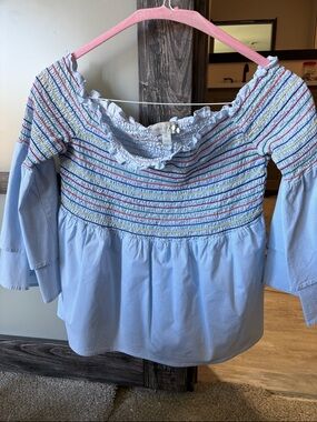 Light Blue Smocked Peasant Top with Rainbow Stripes- off shoulder